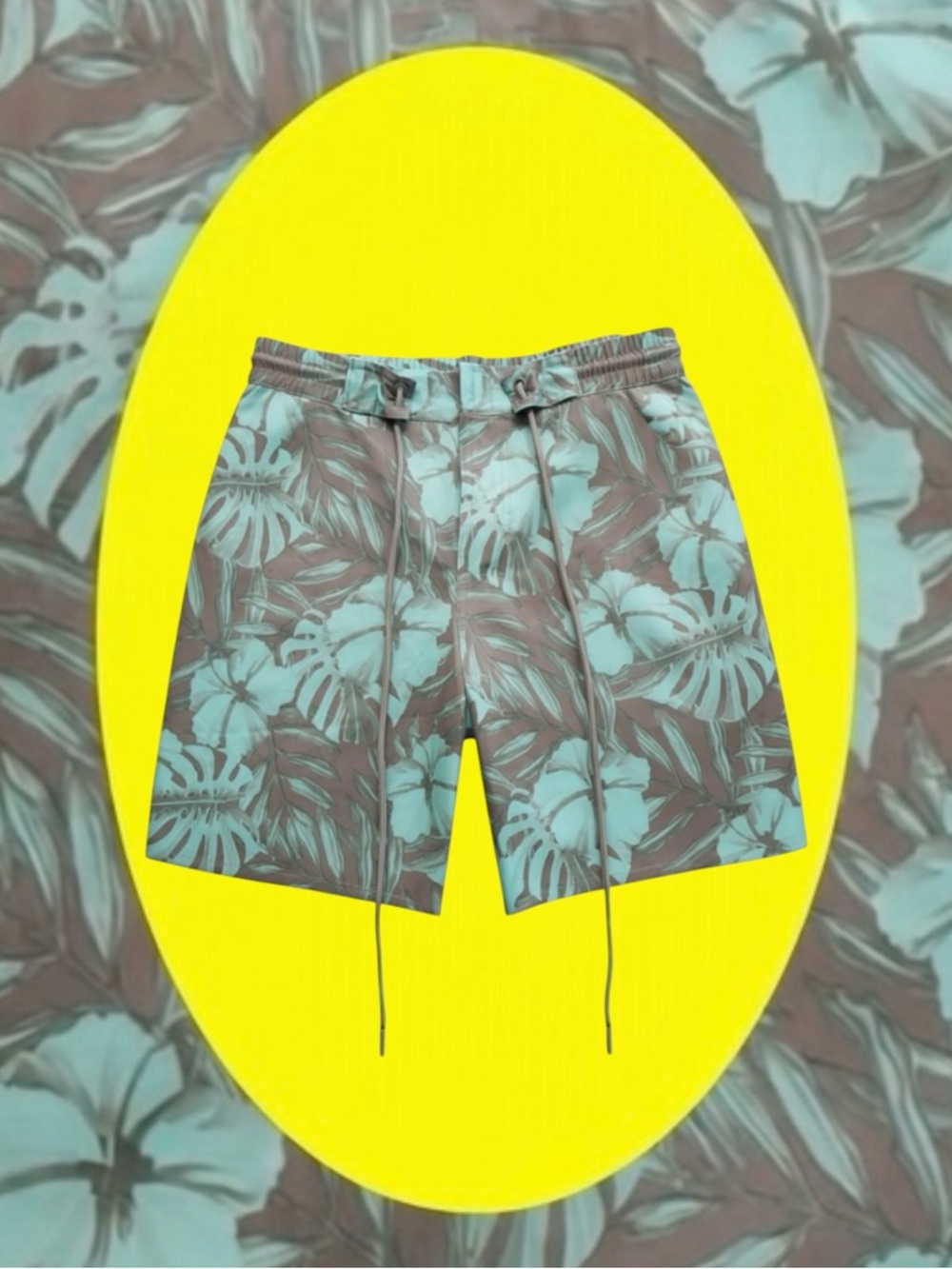 Reel Life Retro Blue & Grey Tropical Hibiscus & Monstera Swim Trunks S